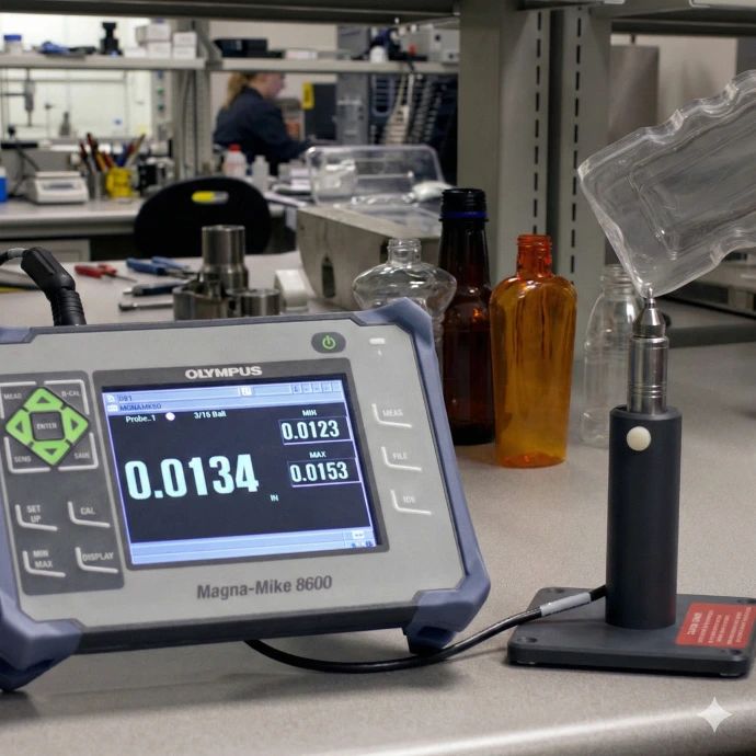 Medidor de espesores Magna-Mike 8600 sobre una mesa de laboratorio realizando control de calidad en un envase de plástico transparente.