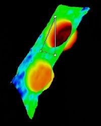 Modelo topográfico 3D multi-color generado por el videoscopio IPLEX NX de ZION NDT, mostrando un mapa de calor para medir la profundidad exacta de defectos como picaduras o corrosión. Las líneas blancas superpuestas indican el análisis de profundidad en tiempo real.