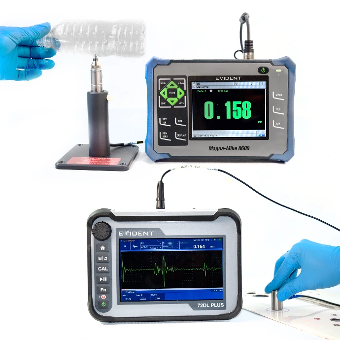 edición de espesores en envases plásticos con Magna-Mike 8600 y detector de defectos 72DL PLUS de Evident, distribuidos por Zion NDT.