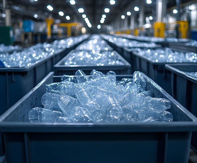 Línea de producción de envases de plástico PET listos para inspección de calidad y medición de espesores con equipos Zion NDT.